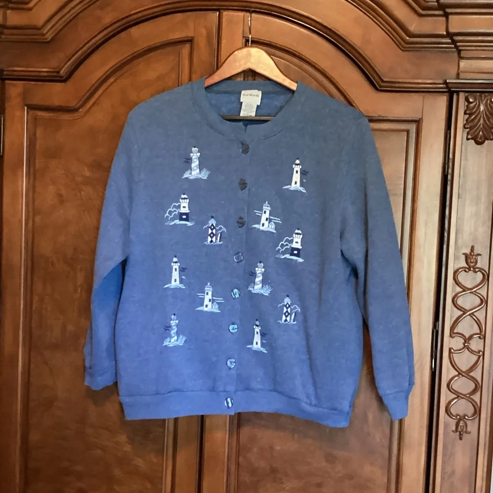 BonWorth Blue Lighthouse Button Up Cardigan - Picture 1 of 4